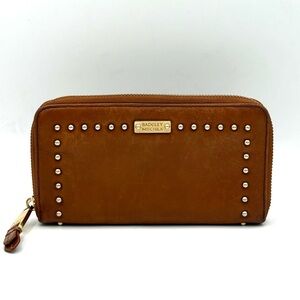 Badgley Mischka Studded Leather Zipper Long Wallet- Cognac /Tan - Authentic